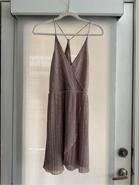 Express Pleated Taupe Midi Dress with V-Neck